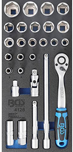 BGS 4126 | Werkstattwageneinlage 1/3 | Steckschlüssel-Satz | 12,5 mm (1/2) | 27-tlg. | Steckschlüssel-Einsätze Sechskant | Umschaltknarre 90 Zähne | Verlängerungen | Kardangelenk | Hartschaumeinlage