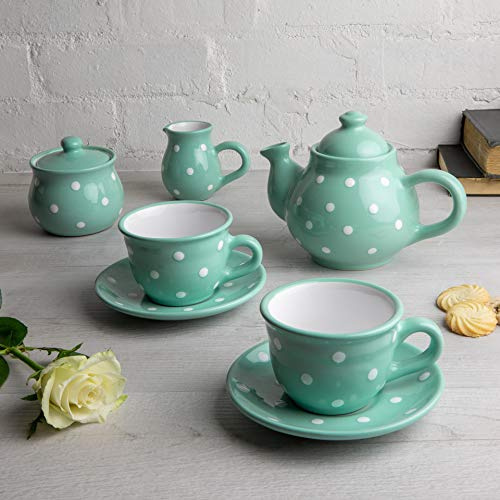 City to Cottage® - Keramik Tee Kaffee Set für 2 | Türkis und Weiß | Polka Dots | Handgemacht | Keramik Teekanne Kaffeekanne 750 ml, Milchkännchen, Zuckerdose, 2 Tassen mit Untertassen