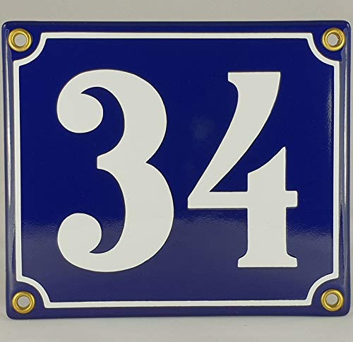 Hausnummer Emaille Schild Nr. 34 Blau-Weiß Handarbeit