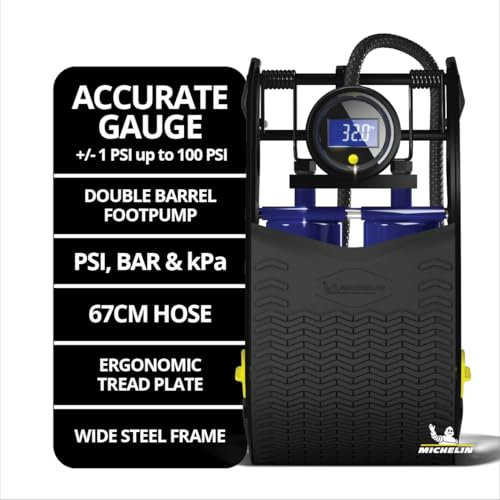 MICHELIN Digital Double Barrel Foot Pump - Heavy Duty Football Pump Inflator with Tyre Pressure Gauge and Adapters - Footpump for Car Tyres, Balls and Inflatables