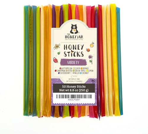 The Honey Jar Variety Pack Honey Sticks - Pure Honey Straws For Tea, Coffee, or a Healthy Treat - One Teaspoon of Flavored Honey Per Stick - Made In The USA with Real Honey - (50 Count)