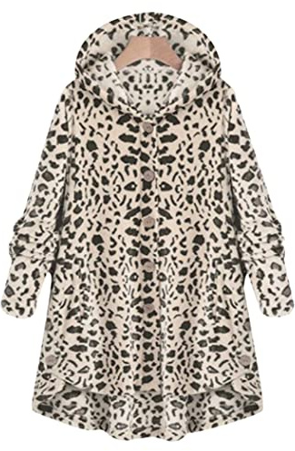 OMZIN Damen Mantel Casual Teddyfleecejacke Winterjacke Kunstpelzmantel Revers Faux Wolle Warm Outwear Plüsch Jacke Plüsch Coat Winterparka Grauer Leopard XL