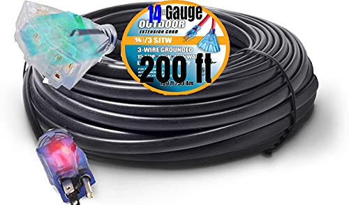 Pizety 200 ft Outdoor Extension Cord – Heavy Duty 14/3 SJTW, Lighted Triple Outlet, 125V 15A 1875W, 14 Gauge Power Cable for Indoor/Outdoor Use – Black, Weather Resistant