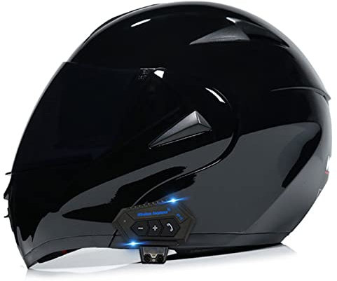 Flip Up Front Motorbike Helmet Bluetooth Full Face Modular Motorcycle Helmet with Tinted Lens DOT/ECE Approved Double Visor Helmet Lightweight Crash Helmet for Adults Men Women bright black 2,L
