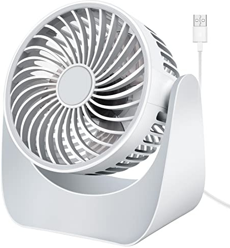 Mini Fan Quiet, USB Fan, Small 360° Rotation Table Fan, USB Table Fan with 3 Speeds, Table Fans for Car, Camping, Bedroom, Motorhome, Office (White, No Battery)