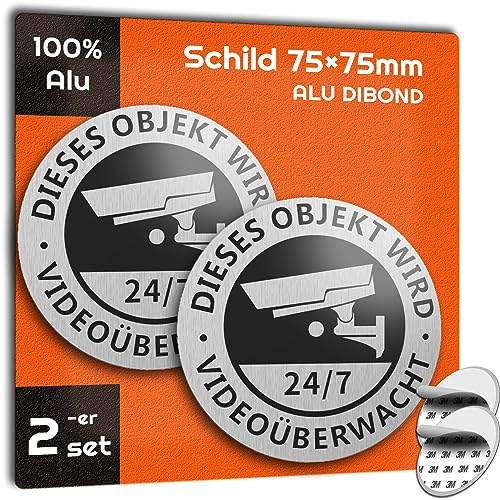 AIFIZO Schild Videoüberwachung 75mm X2 mit 3M-Klebestreifen Warnschild Gebürstetes Aluminium 2 Stuck Hinweisschild Videoüberwachung, Achtung Videoüberwachung Schild