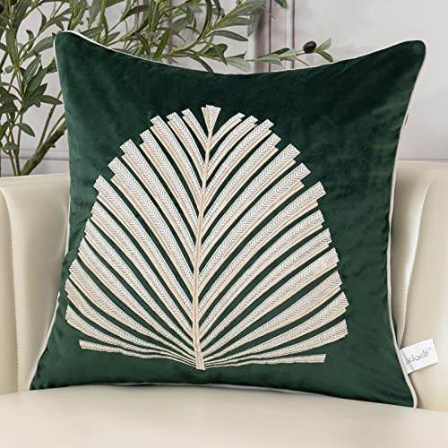 Aeckself 18 x 18 Inch Teal Square Throw Pillow Cover Tree Leaves Embroidery Velvet Cushion Case Luxury Modern Pillowcase for Couch Living Room Bedroom Car 45 x 45cm