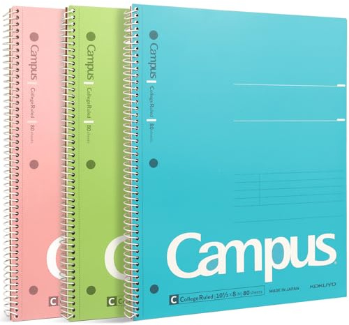 KOKUYO Spiral Notebook, 3 Pack Campus 10-1/2 x 8 Subject Notebooks with College Ruled, 80 Sheets, Pink Blue Green 3 Holes School Spiral Journal for Work Study Note Taking (WSG-SU-400G1×3)