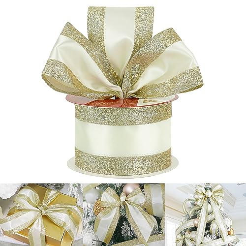 HUIHUANG Gold Wired Satin Ribbon with Glitter Stripe Edges 2.5 inch, Gold and White Christmas Ribbon for Tree, Bows Making, Wreath Supplies, Gift Wrapping Garland, Home Decor, Crafts -10 Yards