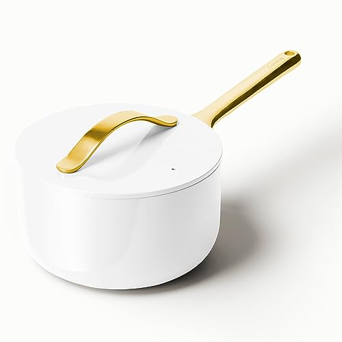 Caraway Padella antiaderente in ceramica con coperchio (3 qt), atossica, priva di PTFE e PFOA, adatta al forno e compatibile con tutti i piani cottura a gas, elettrici e a induzione, colore: bianco
