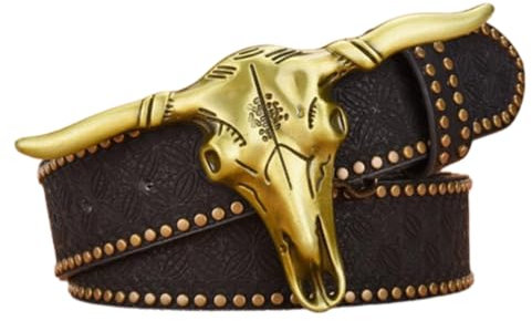 NALANY Nietengürtel Prägung Ledergürtel Für Männer Western Cowboy Stier Bulle Longhorn Gravierte Gold Gürtelschnalle Für Casual Jeans Hosen(105cm/waist:35, Black)
