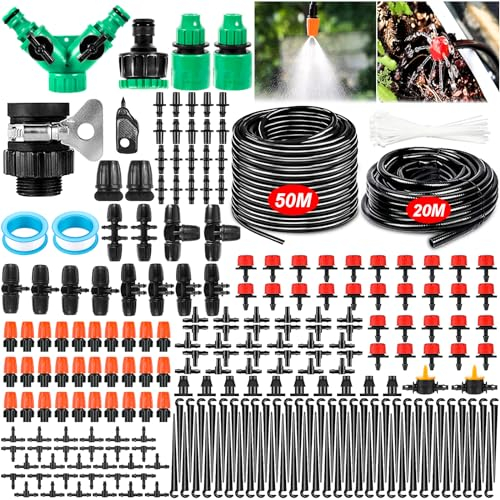 AQXONG Garten Bewässerungs System, 50m+20m Bewässerungsrohr, 297Pcs Garten Bewässerungs Kit, DIY Automatisches Pflanzenbewässerungs System für Garten, Rasen, Gemüsegarten, Bauernhof