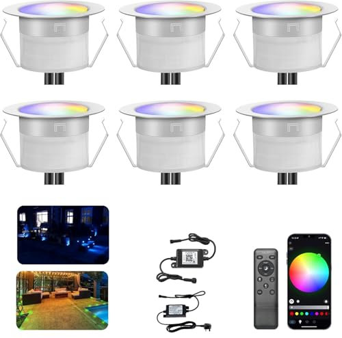 INDARUN RGBW WiFi Led Decking Lights Waterproof IP67 Ø45MM 12V - Led Plinth Light Kits for Terrace/Patio/Path/Wall/Garden/Decoration, 6 Packs