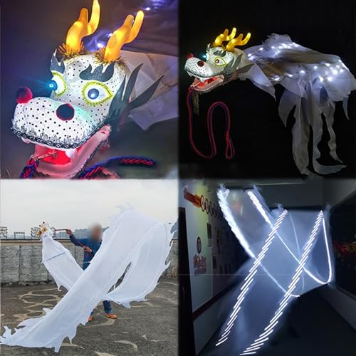 EXCLURA Jongliertücher Weißes Drachen-Poi-Leuchtband, LED-Farbdrachen-Poi-Streamer für Den Hinterhof, Wirf EIN Leuchtendes Drachenband aus Seide mit Kopf (Size : 8 m (26 ft))