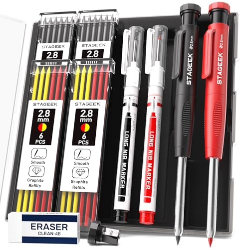 Carpenter Pencils with Sharpener, 2.8mm Mechanical Pencil Set with 26 Refills, Waterproof Deep Hole Long Nib Marker for Architect Marking, Heavy Duty Woodworking Tools for Construction Electricians