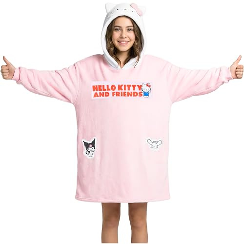 Hello Kitty Sanrio huvtröja filt flickor tonåringar, Kawaii myskläder med huva, överdimensionerad fleece, Kuromi kanamoroll, gåvor till henne, Rosa, 6-14 Years