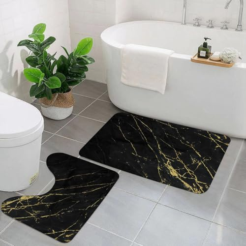 EYLOZS Badezimmerteppich Set 2 Teilig Waschbar rutschfeste Badematte Toilettenmatte Weich Saugfähige Badteppiche,Schwarzes und goldenes Marmordesign-Kunstöl