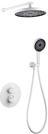 Duschsystem mit Thermostat, wandmontiertes Duscharmatur-Set mit rundem 9-Zoll-Hochdruck-Regenduschkopf und 3-stufigem Handbrausen-Set, weiß