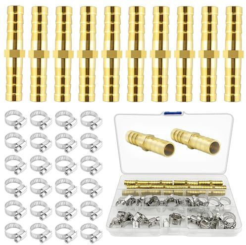 JNZLT 36 Stück Messing Schlauchverbinder Set, 8 mm Kraftstoffleitung Verbinder mit 24 Schlauchschellen für Luftleitung Wasserleitung Olleitung Gasschlauch Verbinder