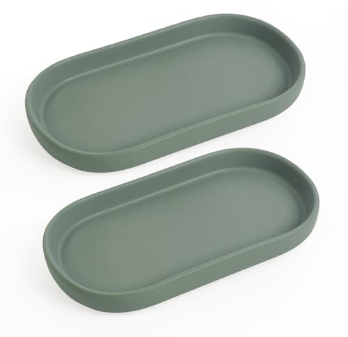 Autumnlife Bandeja decorativa de baño, 2 unidades, bandeja de cerámica decorativa, cosmética, pequeña bandeja ovalada para inodoro y lavabo, bañera o fregadero de cocina, color verde