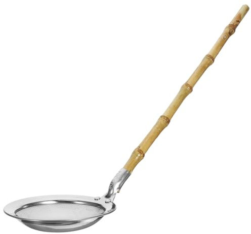 MAGICLULU Stainless Steel Bamboo Colander Kitchen Strainer Ladle Spoon Long Handle Easy Oil Filtering Comfortable Bamboo Handle