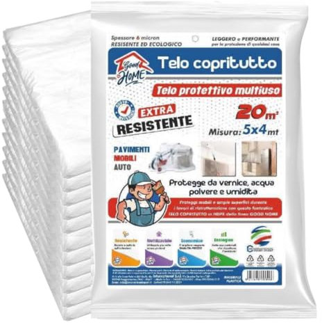 Telo Copritutto 12 Teli per Imbiancare 5x4m 20 Metri Quadrati Protettivo per Pittura, Impermeabile Coperture Plastica Multifunzione per Imbianchino - Copritutto per Lavori