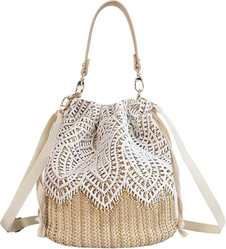 YWHWLX Stroh-Strand-Hobo-Tasche für Damen und Mädchen, gewebte Eimer-Sommertasche mit Griff, Kordelzug, Schultertasche, Geldbörse, für Reisen, Urlaub, Outdoor, Einkaufen, Arbeit, leaf, Medium