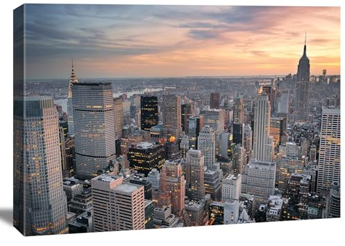 Quadro su tela 120 x 80 cm 5060 – New York Skyline al tramonto – Quadro da parete XXL panorama urbano – Stampa artistica su tela per soggiorno, ufficio, camera da letto – Pronto da appendere