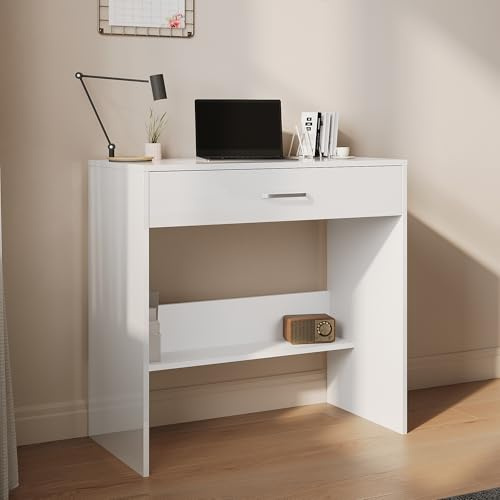 SONNI Schreibtisch mit Großer unterteilter Schublade, 80x40x77cm, Weiß | Bürotisch mit Lagerregal, Computertisch, Schminktisch, Kompakter Arbeitstisch, Schreibtisch mit Stauraum, Moderner Tisch
