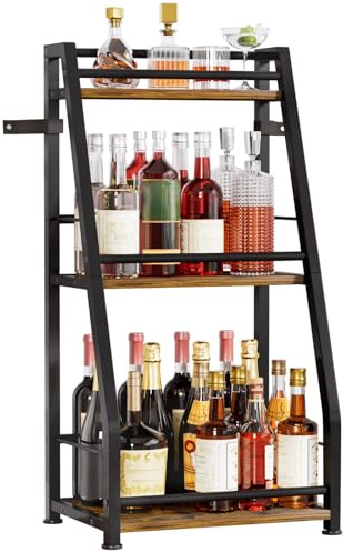 Yorbay Weinregal Freistehend aus Metall und Holz: 3 Ebenen mit Schutzrand | Trapezförmiges Flaschenregal für Wein und Weingläser - Modernes Barregal für Küche Bar und Esszimmer