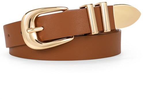 LEACOOLKEY PU Leder Gürtel für Damen Mode PU Leder Gürtel für Jeans Hosen Dünner Gürtel Damen Western Stil Schnalle Gold/Silber, braun, 110cm(Misura vita 77cm-91cm)