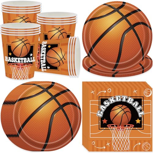 pekifaves Juego de vajilla para fiesta de baloncesto, plato de fiesta de cumpleaños para 16 invitados, platos de papel, servilletas, decoración de cumpleaños infantil, Tema Deportivo
