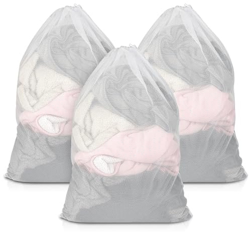 3 Pack Mesh Laundry Bags, 23 x 34 Inches Heavy Duty Mesh Laundry Bag, Large Laundry Drawstring Bag for College, Dorm, Travel, Family and Apartment Dwellers, White