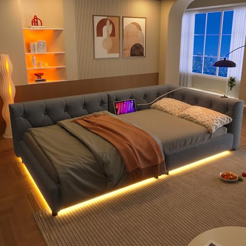 RIAZOS Polsterbett 90x200 mit LED und USB-Anschluss, Einzelbett mit Lattenrost, Tagesbett Schlafsofa Bettsofa Gästebett Jugendbett Leinen Daybett, ohne Matratze, Grau