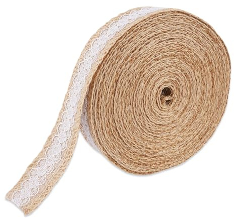 10m Juteband mit Spitze, 2.5cm Juteband Spitzenband,Vintage Geschenkband, Natürliche Sackleinen, Jute Schleifen für DIY- Kränze, Filigrane Dekoration,Home Decor, Hochzeitsbankettdekoration
