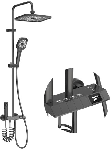 Meisax Colonne De Douche, Ensemble de Colonne avec Affichage LED 4 Fonctions, Ensemble de Douche Réglable en Hauteur, 3 Modes de Douche, Robinets Cachés, Pistolet D'arrosage Sous Pression