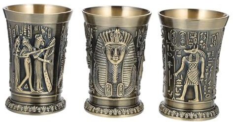 UKCOCO 3pièces Verres à Shot Métal Rétro Égyptien Tasses Créatives Pour Whisky Et Cocktails Sculptures Totem Anciens Vintage Bronze Table Stable Design Artistique