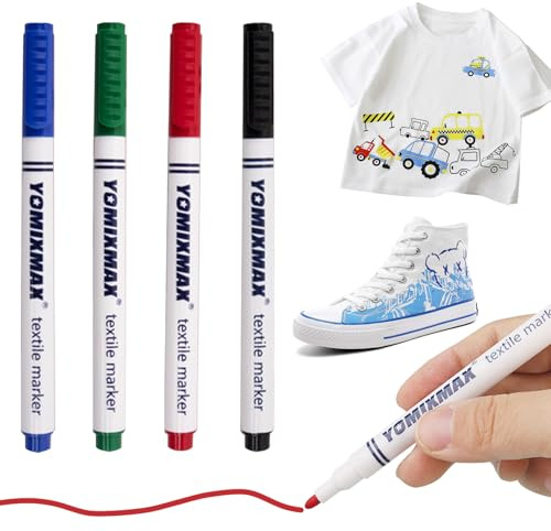 Nurila 4 Textilstifte Waschmaschinenfest, Textilstifte Grün, Blau, Rot und Schwarz, Stoffmalstifte Waschfest, Textilmarker Ölbeständig für T-shirt, Stoffbeutel, Segeltuchschuhe, Hüte, Einkaufstasche