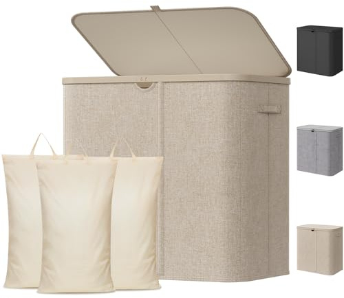 Lifewit Panier à linge Sale avec Couvercle, Grande Corbeille Linge Pliable 3 Compartiments avec Sacs Amovibles, Laundry Basket pour Chambre, Salle de Bain, Dortoir et Buanderie, 150L, Beige