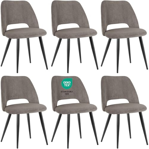 JIJIAN Esszimmerstühle 6er Set, Streifencord mit Ausschnittrückenlehne | Stühle Esszimmer, Küchenstühle, Wohnzimmer Essstühle, Gepolsterte Stühle für Esszimmer, Küche, Schlafzimmer, Braun