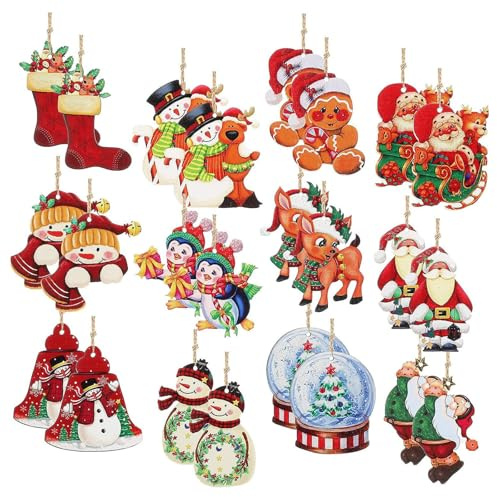 Lote de 24 decoraciones de árbol de Navidad de madera - Decoración de árbol de Navidad - Decoración de Papá Noel - Colgante de madera - Adecuado para la decoración de fiestas