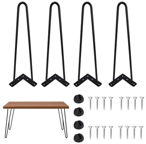 QUELIEN 16 Inch Table Legs, Hairpin Metal Coffee Table Legs for DIY Furniture Projects, Desk Legs, Nightstand Legs with Rubber Floor Protectors, Black, Set of 4