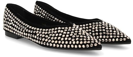 shoes&blues.es Ballerina da donna con ornamenti di pietreria scintillante, punta sottile e suola comoda e senza chiusura. Ideale per la stagione ottono invernale., Nero , 41 EU