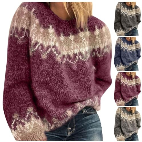 Pull Femme Hiver Chaud Chic Et Élégant, Pull Norvégien Rouge Femme en Laine Grande Taille Sweat sans Capuche Sweatshirts Chic Et Elegant Sweatshirt Cachemire Hiver Chaud Islandais Polaire Tricoté