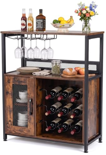 GIANTEX Mobile Porta Vino con 3 Portabicchieri e 9 Scomparti per Bottiglie, Kit Antiribaltamento, Design Industriale per Soggiorno, Sala da Pranzo, Cucina e Bar, Marrone