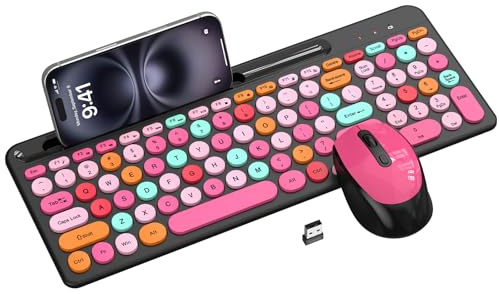 Colorful Wireless Keyboard and Mouse Combo - Round Keycaps, 2.4GHz Retro Typewriter Keyboard with Number Pad, Cute Compact USB Keyboard and Mouse for Computer PC Desktop Laptop (Pink & Black Colorful)