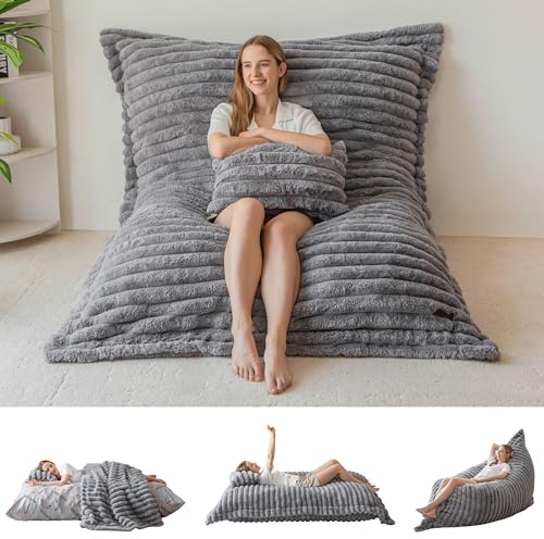 MAXYOYO Giant Bean Bag, Soft Fluffy Faux Fur BeanBag Chair for Adults & Kids Large Floor Cushion with Fluffy Foam Filling Removable & Machine Washable Cover 150 * 203cm
