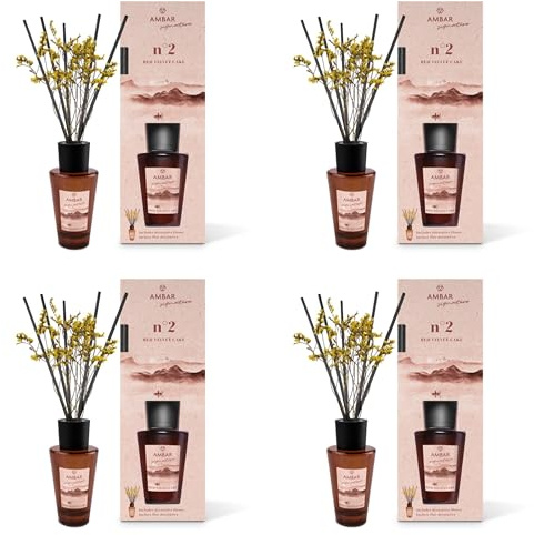 Pack 4 Ambientadores Mikado Ambar Signature nº2 Red Velvet Cake 85 ml | Difusor de Varillas con Flor Decorativa | Aroma Frambuesa, Pera Almizcle y Vainilla | Fragancia Dulce para Hogar
