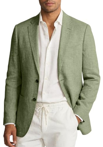 Casual Linen Jacket for Mens Light Green Blazer for Men 2 Button Lightweight Sport Coat for Summer Beach Wedding Party L