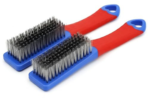 2 cepillos de acero inoxidable con mango de goma, cepillos de alambre para la limpieza, cepillo de limpieza de alambre de mano, cepillo de alambre de acero, cepillo de acero para eliminación de óxido